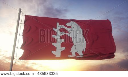 Warwickshire Flag, England, Waving In The Wind, Sky And Sun Background. 3d Rendering