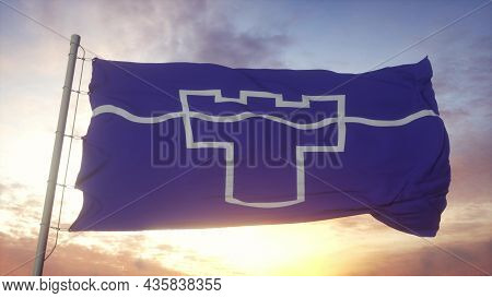 Tyne And Wear Flag, England, Waving In The Wind, Sky And Sun Background. 3d Rendering