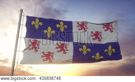 Picardie Flag, France, Waving In The Wind, Sky And Sun Background. 3d Rendering