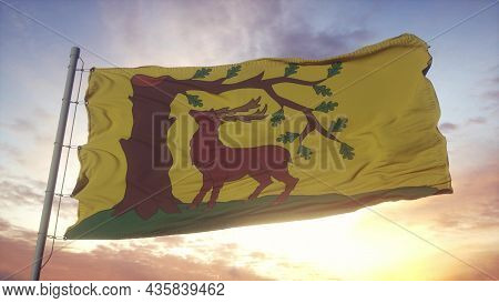 Berkshire Flag, England, Waving In The Wind, Sky And Sun Background. 3d Rendering