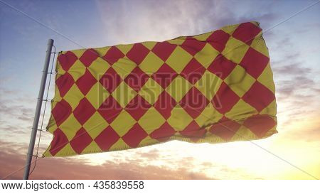 Angoumois Flag, France, Waving In The Wind, Sky And Sun Background. 3d Rendering