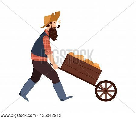 Gold Digger Hunter Pushing Trolley With Gold, Flat Vector Illustration Isolated.