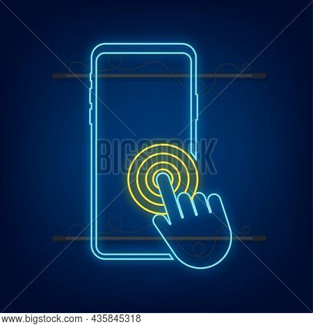 Click Smartphone. Empty Screen, Phone Mockup. Neon Device Mockup. Cursor Icon Vector. Hand Pointer V
