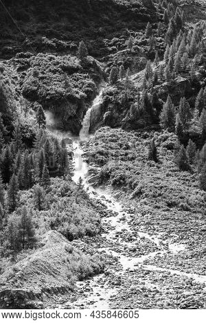 Wild Alpine Waterfall On Schlatenbach Mountain Stream. Gschloesstal Valley, Hohe Tauern National Par