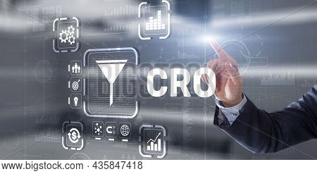 Conversion Rate Optimization. Cro Technology Finance Concept Businessman Pressing On A Virtual Scree
