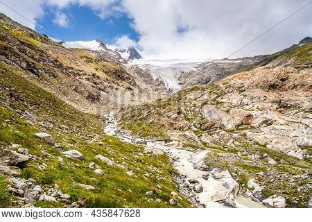 Mountain Glacier In Alpine Valley. Schlaten Glacier, German: Schlatenkees, Hohe Tauern National Park
