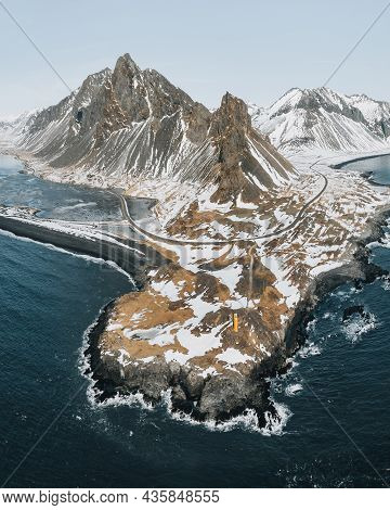 Drone View Of A Snow Covered Eystrahorn Mountain In Iceland At Hvalnes Peninsula