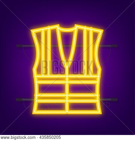 Safety Jacket Security. Yellow Work Uniform With Reflective Stripes. Neon Icon. Vector Stock Illustr