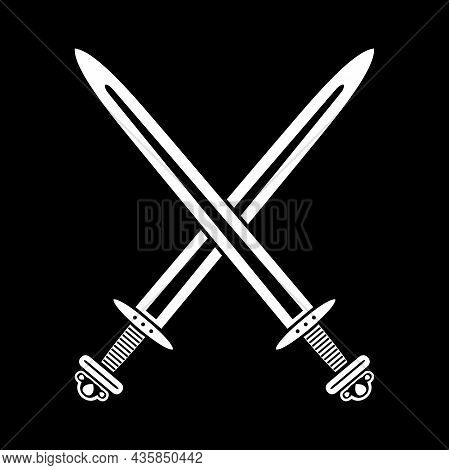 Two Crossed Swords Of The Vikings. Medieval Swords, Isolated Vector Illustration. Design Element For