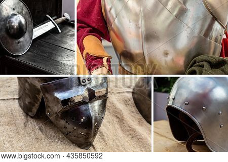 Collage Military Ammunition And Weapons, Iron Helmet And Cuirass, Sword With Shield