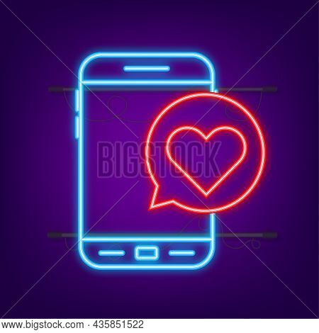 Smartphone Hand Love. Social Network Concept. Hand Holding Mobile Phone. Like Neon Icon. Mobile Inte