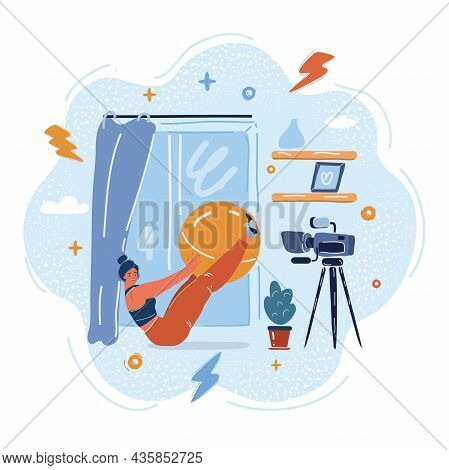 Vector Illustration Of Videoblogger Showing Pilates Exercises With A Ball Online
