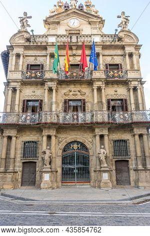 Iruna, facade of the pamplona town hall. Emblematic building from where the chupinazo is launched, San Fermin festivities, Navarra spain