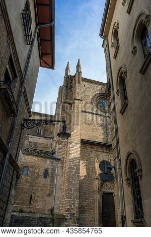 Facade of a medieval building in the center of Pamplona, ??medieval stone streets, typical and tourist alley of the city. Navarra Spain