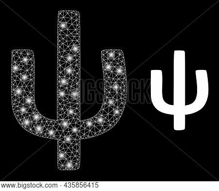 Bright Mesh Vector Psi Greek Lowercase Symbol With Glare Effect. White Mesh, Light Spots On A Black 