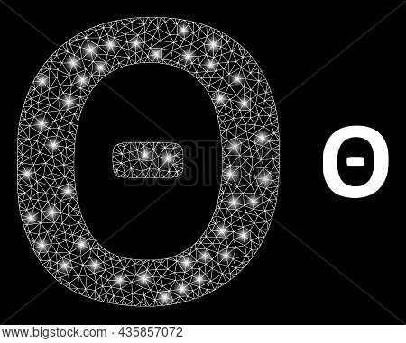 Glamour Mesh Vector Theta Greek Symbol With Glare Effect. White Mesh, Glare Spots On A Black Backgro