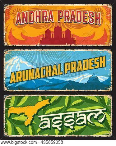 Assam, Andhra And Arunachal Pradesh, India States Or Regions Vector Tin Signs. Indian States Metal P