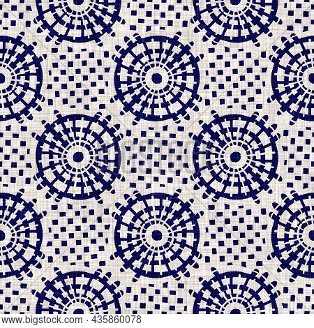 Seamless Indigo Circle Texture. Blue Woven Boro Cotton Dyed Effect Background. Japan Repeat Batik Re