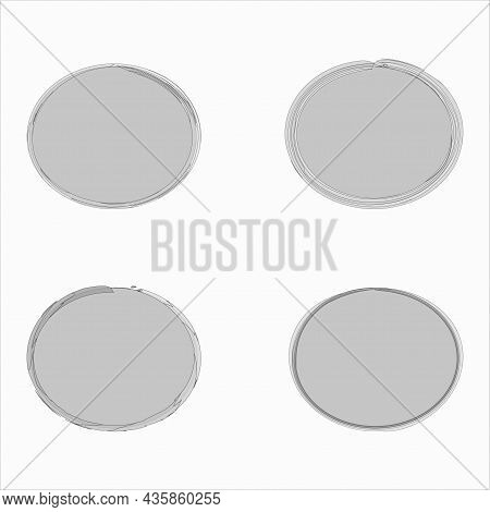 Gray Oval Icon Set. Frame From Dark Spots. Realistic Freehand Art. Paint Brush Picture. Vector Illus