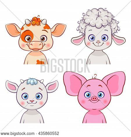 Cartoon Cute Animals For Baby Cards, Invitations And Clothes. Vector Farm Animals: Cow, Sheep, Goat,