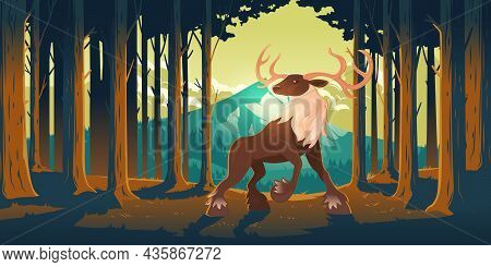 Deer In Forest, Wild Animal, Beautiful Stag With Antlers On Nature Background With Trees And Mountai