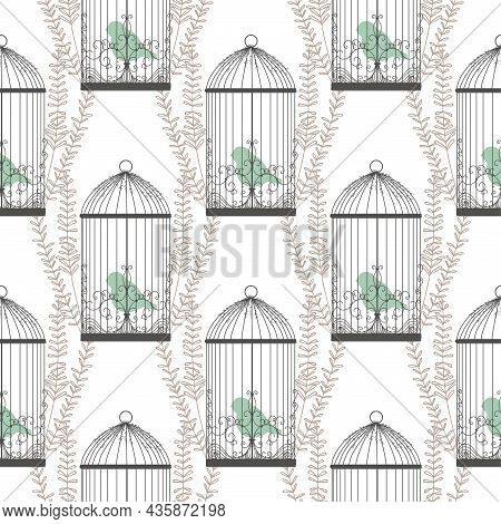 Stylish Pattern With Birds And Cages In Victorian Style. Birds Of Paradise. Golden Branches Drawing.