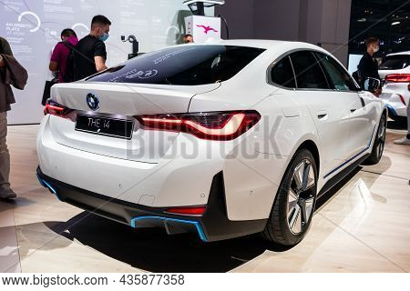 Bmw I4 All-electric Gran Coupe Car Showcased At The Iaa Mobility 2021 Motor Show In Munich, Germany 