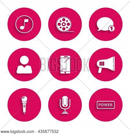Set Smartphone, Mobile Phone, Microphone, Power Button, Megaphone, Add Friend, Speech Bubble Chat An