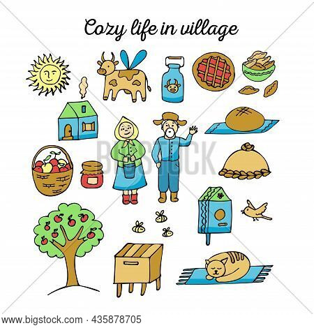 Happy Life On The Farm And In The Village.  Set Of 18 Doodle Elements. A House, An Apple Tree , An A