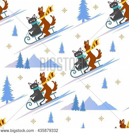 Christmas Seamless Pattern Contains A Cute Cat And Dog Sledding Down A Mountain, Around A Fir Tree A