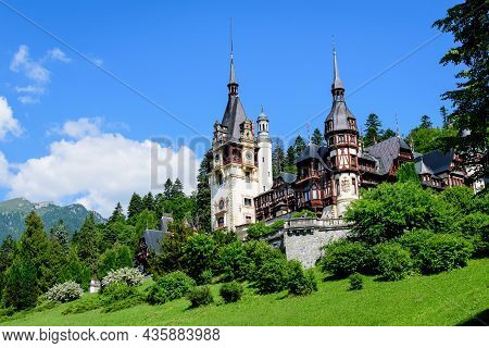 Beautiful Neo-renaissance Building Of Peles Castle (castelul Peles) Near Bucegi Mountains (muntii Bu