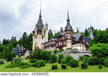 Beautiful Neo-renaissance Building Of Peles Castle (castelul Peles) Near Bucegi Mountains (muntii Bu