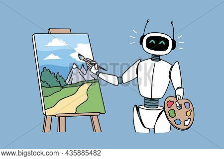 Robotic Technologies In Hobbies Concept. Positive Robot Standing And Drawing Artwork Picture Landsca