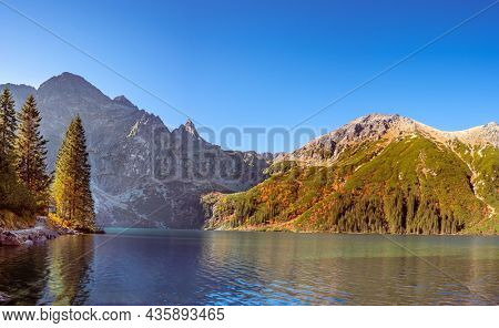 Tatra National Park, Poland. Mountains lake Morskie Oko Or Eye of the Sea In autumn. Beautiful Tatras Landscape.