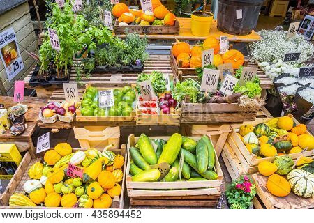 Viborg, Denmark - September 02, 2021: Fresh Vegetables And Fruit On The Street In Viborg, Denmark