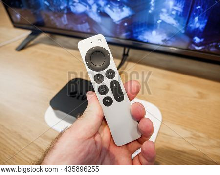 Paris, France - Sep 24, 2021: Elevated Rotation Over The Latest Apple Computers Tv 4k Uhd With New S