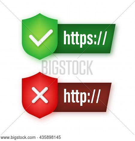 Neon Style Http And Https Protocols On Shield, On Dark Background. Vector Stock Illustration