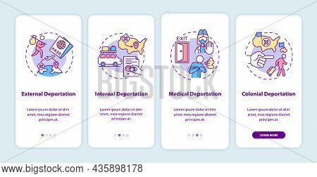 Deportation Types Onboarding Mobile App Page Screen. Immigration Problems Walkthrough 4 Steps Graphi