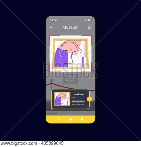 Museum Dark Smartphone Interface Vector Template. Mobile App Page Design Layout. Interactive Guide. 