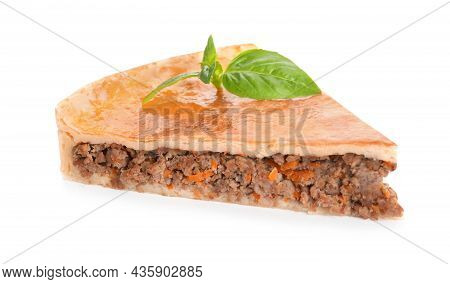 Piece Of Delicious Pie With Minced Meat Isolated On White