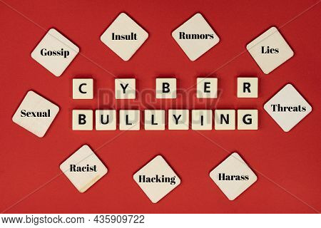 Layout Of Plastic Tiles With Text Cyber Bullying And Wooden Tiles With Texts Of Cyberbullying Action
