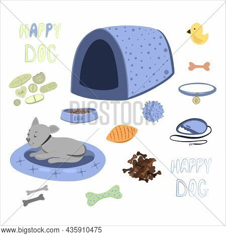 Set. Dog Accessories, Pet Shop: Food, Bones, Toys And Care. Vector Stock Illustration In Cartoon Sty