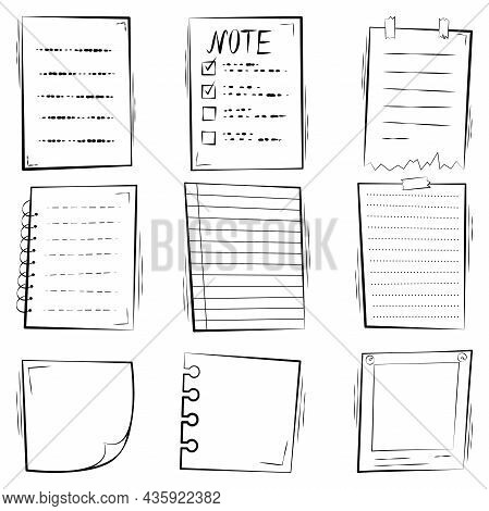 Paper Sheet Set: Notes, Reminders, Doodle Style To-do List, Notepad Pages. Isolated Black And White 