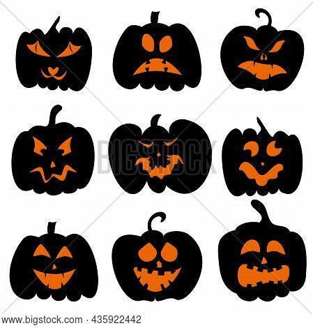 Set Of Pumpkins With Carved Faces For Halloween. For Decorating Holiday Projects, Cards, Invitations
