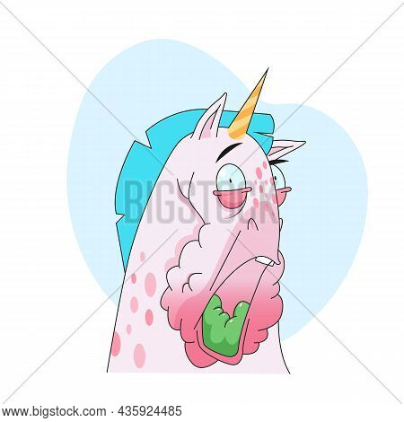 Funny Unicorn Cartoon Character With Vomit In Mouth Sticker. Emoticon Of Sick Fairy Horse, Disgusted