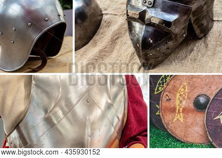 Collage Ammunition Medieval Warrior Set Chain Mail Cuirass, Helmet With Visor And Shield