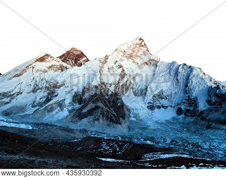 Mount Everest Night View Isolated On White Sky Background, Mt Everest And Nuptse From Kala Patthar, 