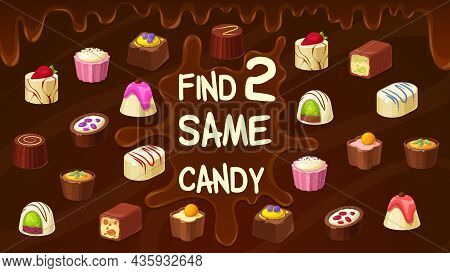 Find Two Same Candies Chocolate Truffle, Roasted Nuts Candy, Praline Sweets. Vector Kids Game Find S