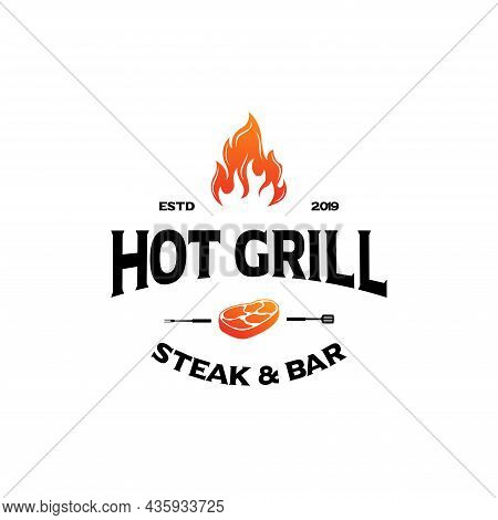 Vintage Hipster Grill Barbeque Invitation Party Barbecue Bbq With Crossed Fork Spatula And Fire Flam