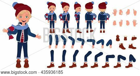 Flat Vector Illustration Of Kid Boy Wearing Winter Clothes, Cartoon Character Set For Animation, Var